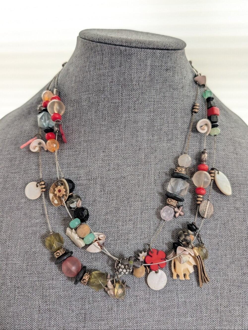 Vintage Multi Strand Bohemian Style Mixed  Beaded Carved Shell Glass Necklace